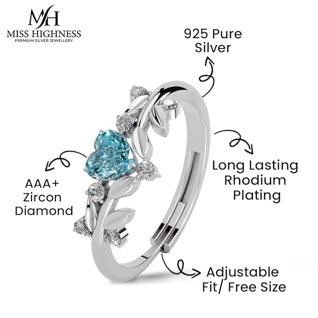 Miss Highness Pure 925 Sterling Silver Ring Rhodium Plated Minimal Jewelry Hallmark with Size Adjustable Birthday Anniversary Gift for Women and Girls Rings (Blue Solitaire Heart) - Image 3