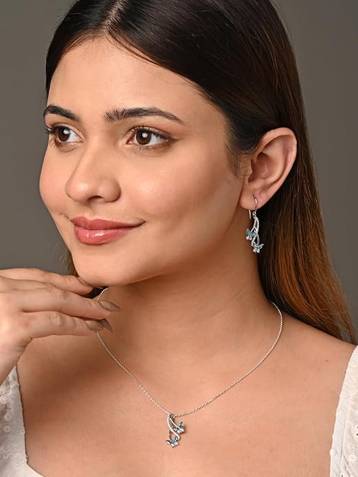 Sterling Silver Butterfly Pendant Earring Chain Jewellery Set | Rhodium Plated, Swiss Zirconia | Gift for Women & Girls - Image 4