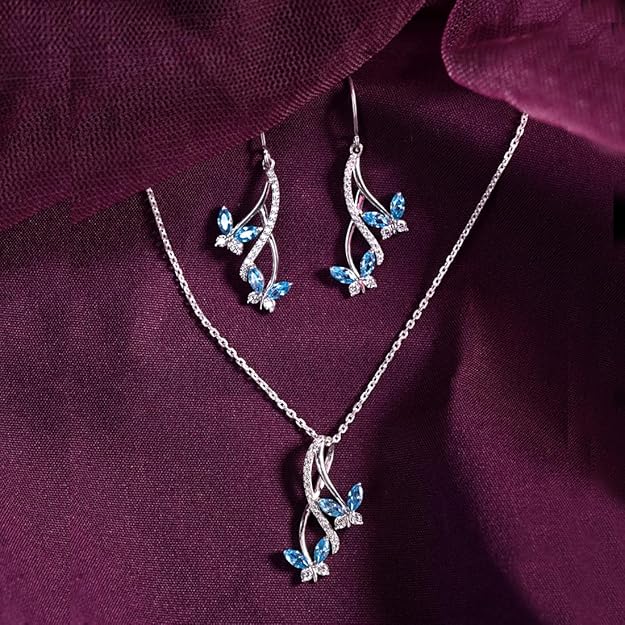 Sterling Silver Butterfly Pendant Earring Chain Jewellery Set | Rhodium Plated, Swiss Zirconia | Gift for Women & Girls