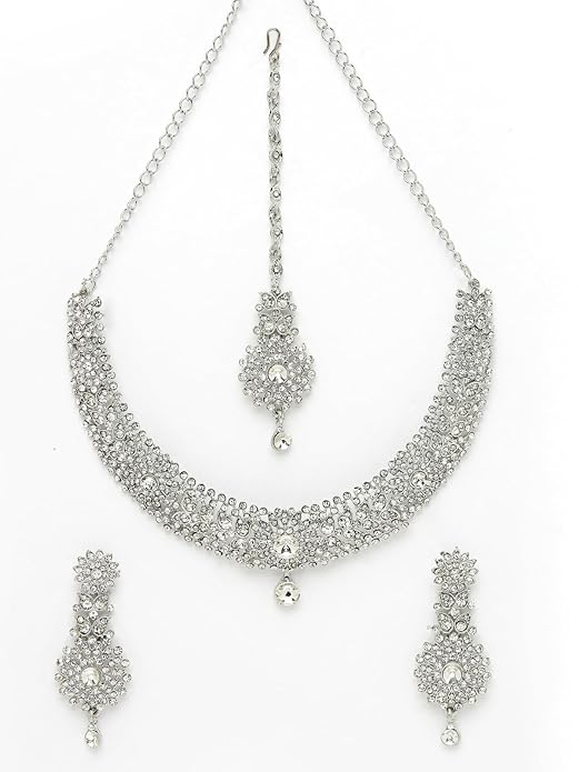 Sukkhi Fashion Rhodium Plated Silver AD White Stone Collar Bone Necklace Set With Earring And Maangtika | Jewellery Set For Women (NS105671) - Image 5