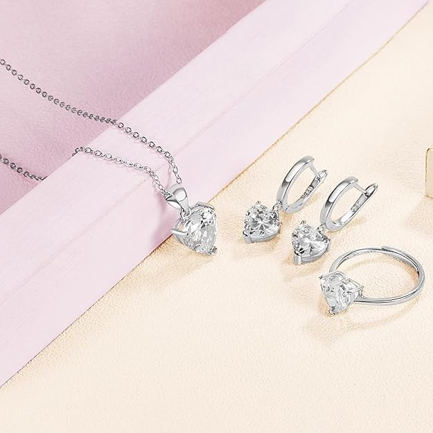Peora Silver Plated Cubic Zirconia Studded Pendant Chain Necklace Finger Ring & Earrings Set Stylish Jewellery for Women & Girls