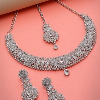 Sukkhi Fashion Rhodium Plated Silver AD White Stone Collar Bone Necklace Set With Earring And Maangtika | Jewellery Set For Women (NS105671)