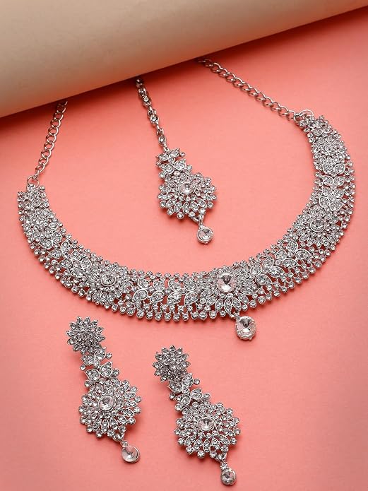 Sukkhi Fashion Rhodium Plated Silver AD White Stone Collar Bone Necklace Set With Earring And Maangtika | Jewellery Set For Women (NS105671)