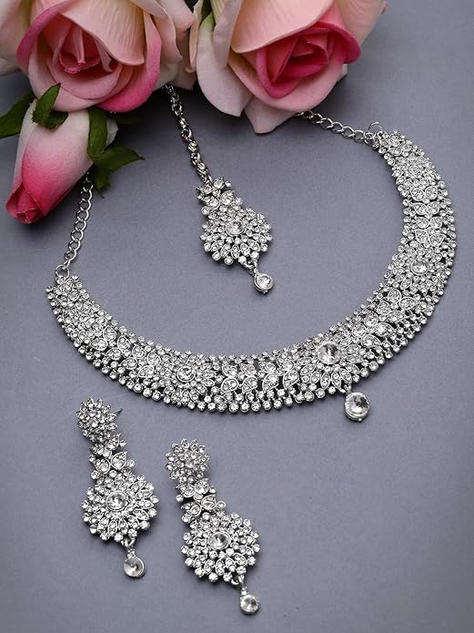 Sukkhi Fashion Rhodium Plated Silver AD White Stone Collar Bone Necklace Set With Earring And Maangtika | Jewellery Set For Women (NS105671) - Image 4
